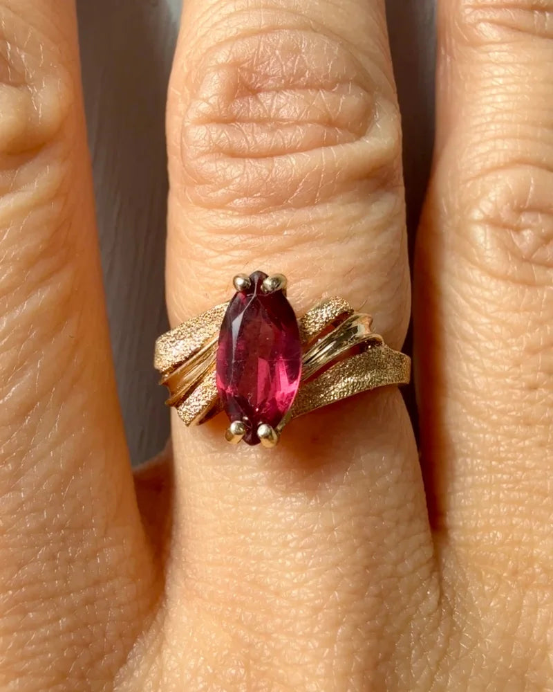 Vintage 14K Brushed Gold Marquise Pink 1 ct Tourmaline Ring - 14K Solid Gold - Free shipping - 6