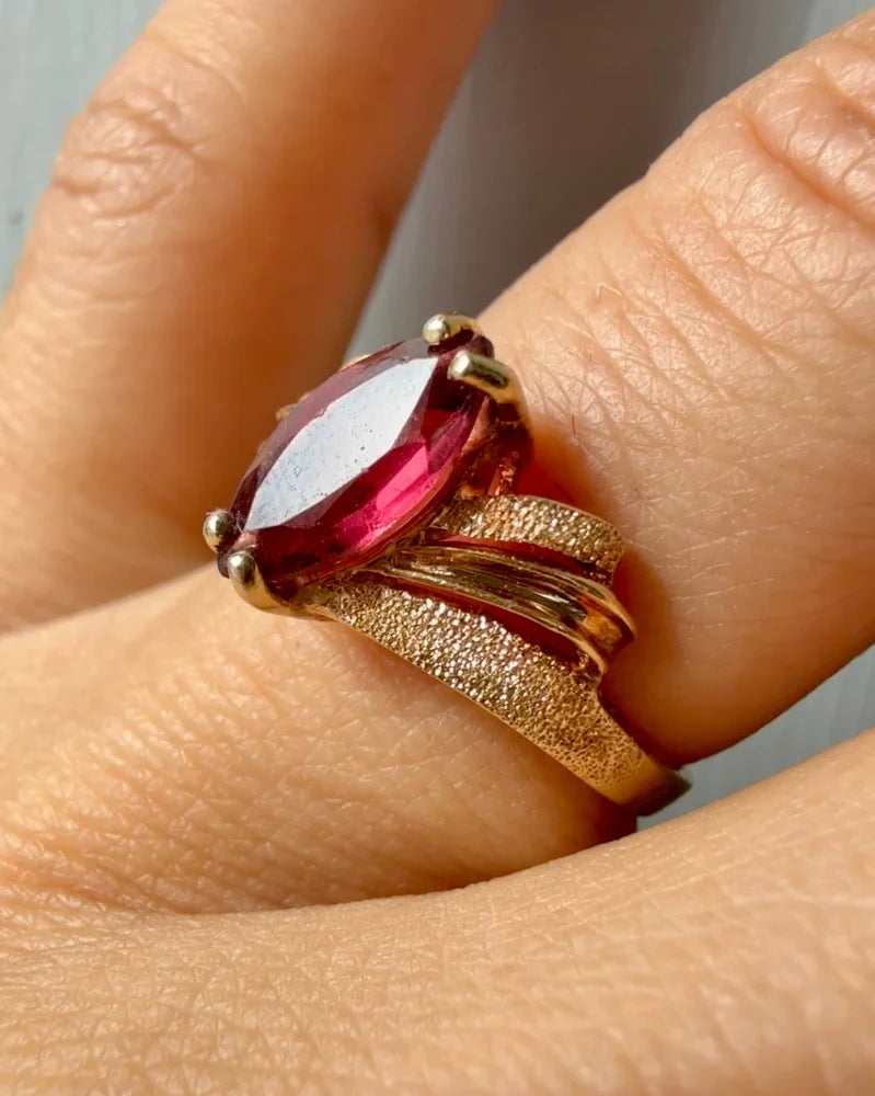 Vintage 14K Brushed Gold Marquise Pink 1 ct Tourmaline Ring - 14K Solid Gold - Free shipping - 9