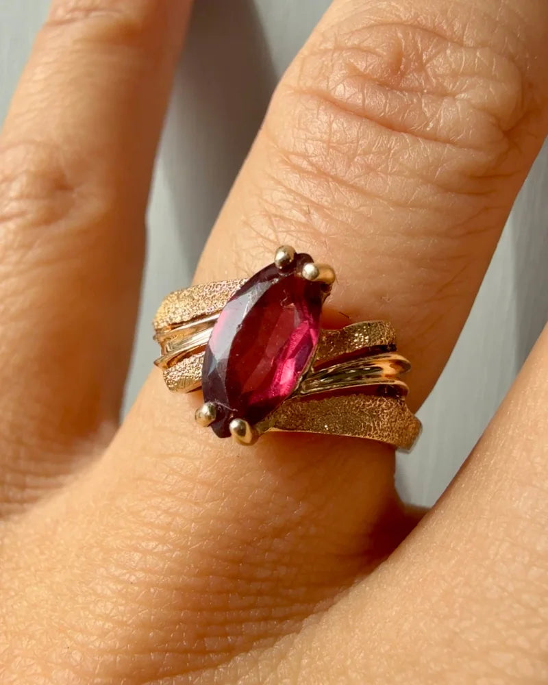 Vintage 14K Brushed Gold Marquise Pink 1 ct Tourmaline Ring - 14K Solid Gold - Free shipping - 2