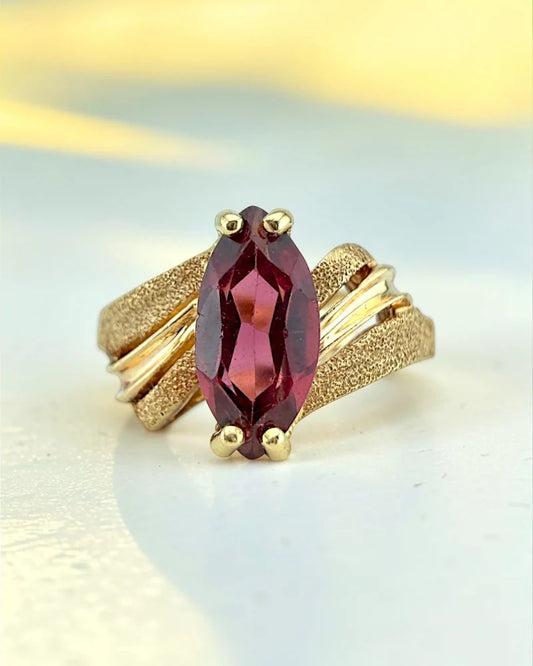 Vintage 14K Brushed Gold Marquise Pink 1 ct Tourmaline Ring - 14K Solid Gold - Free shipping - 1