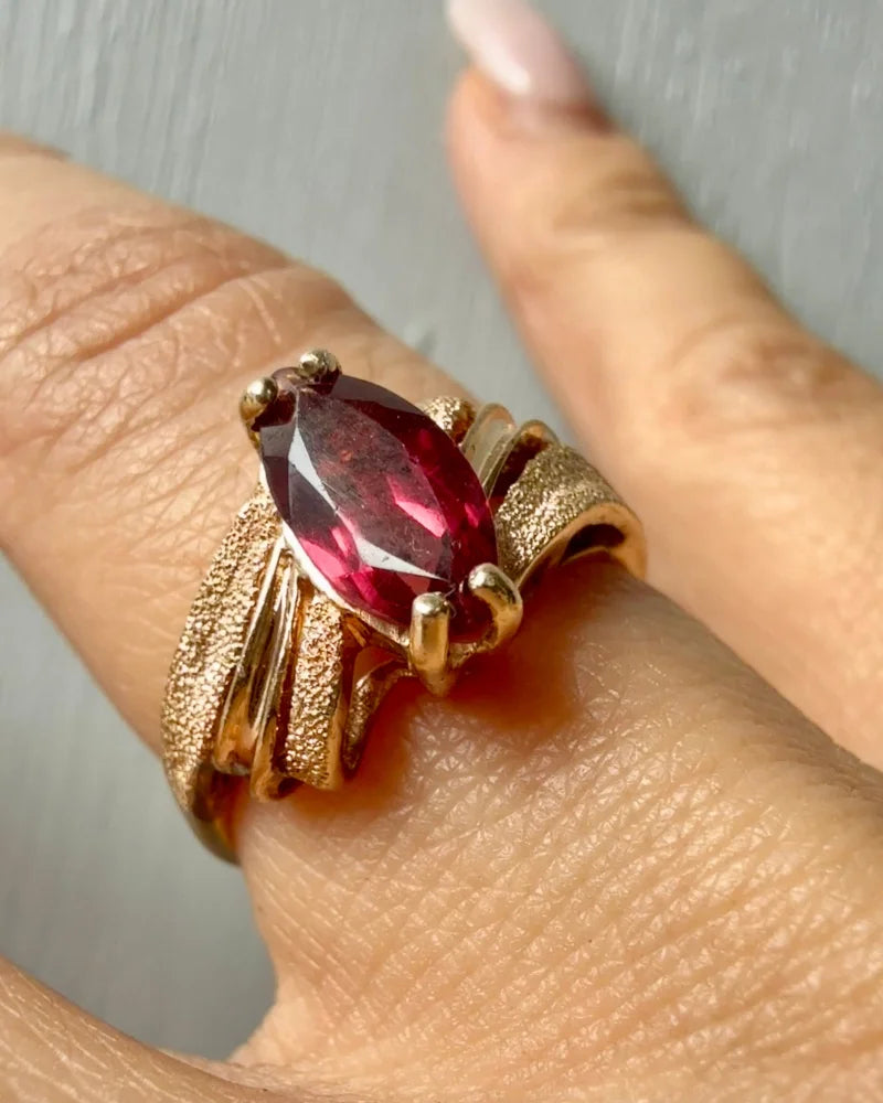 Vintage 14K Brushed Gold Marquise Pink 1 ct Tourmaline Ring - 14K Solid Gold - Free shipping - 4