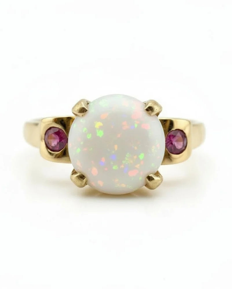 Vintage 14k Fiery Opal and Ruby Ring - 14K Solid Gold - Free shipping - 1