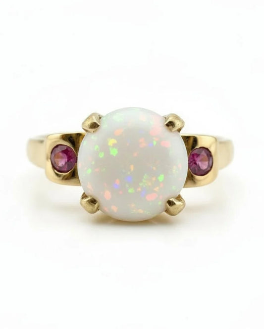Vintage 14k Fiery Opal and Ruby Ring - 14K Solid Gold - Free shipping - 1