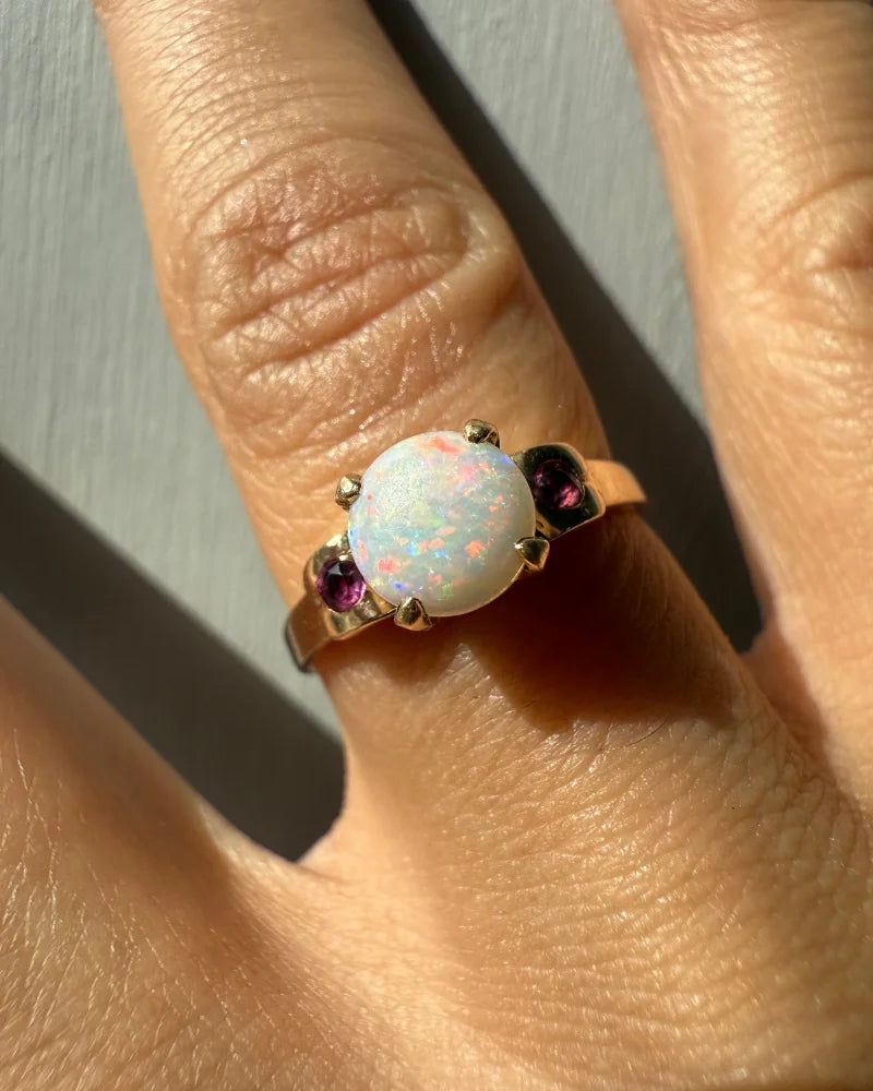 Vintage 14k Fiery Opal and Ruby Ring - 14K Solid Gold - Free shipping - 2