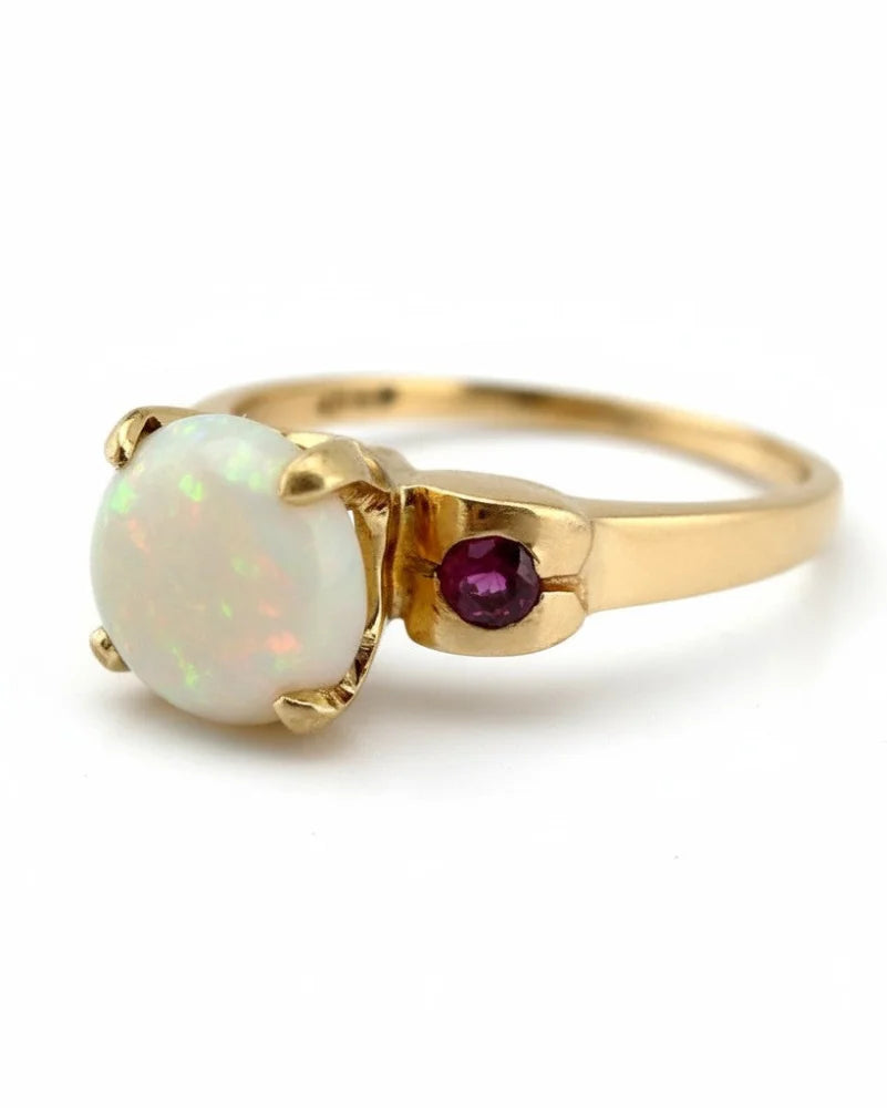 Vintage 14k Fiery Opal and Ruby Ring - 14K Solid Gold - Free shipping - 3
