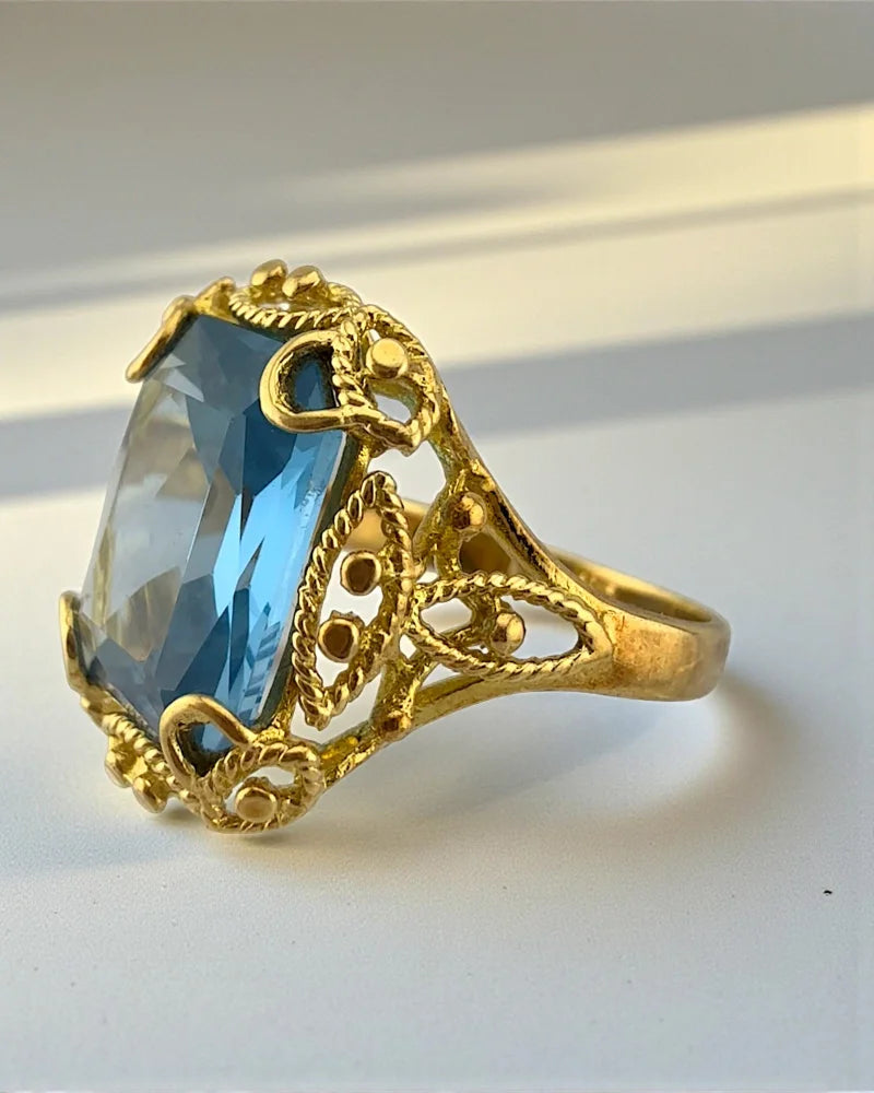 Vintage 14K Gold 6 ct Blue Topaz Filigree Ring - 14K Solid Gold - Free shipping - 4