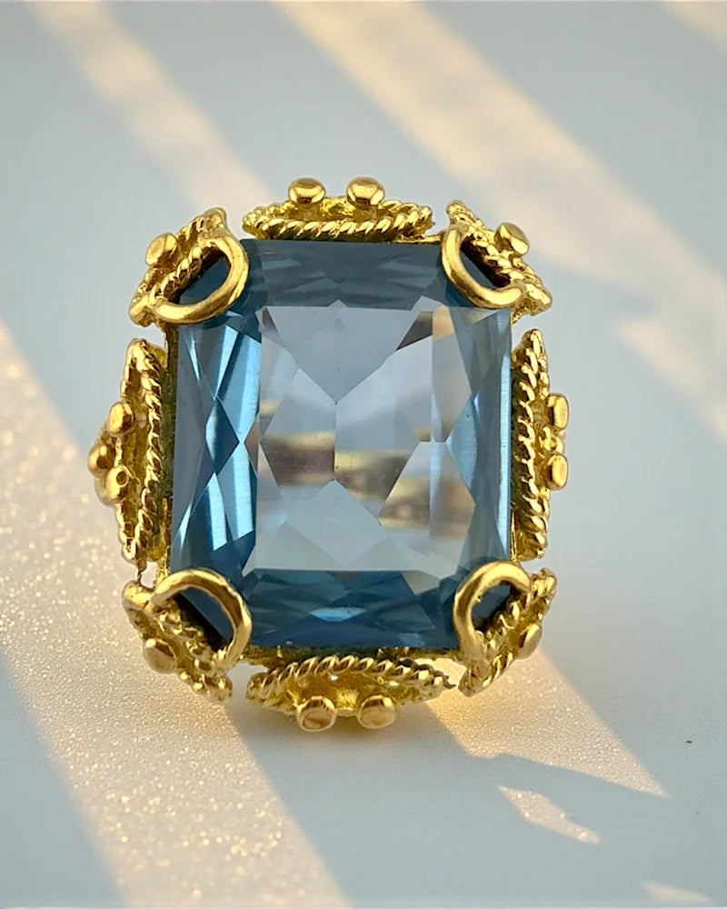 Vintage 14K Gold 6 ct Blue Topaz Filigree Ring - 14K Solid Gold - Free shipping - 1