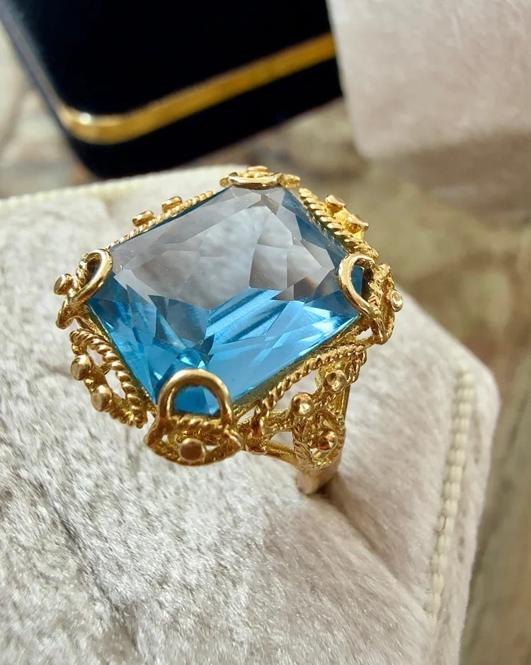 Vintage 14K Gold 6 ct Blue Topaz Filigree Ring - 14K Solid Gold - Free shipping - 5
