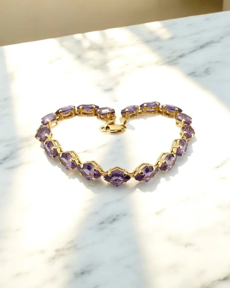 Vintage 14K Gold Amethyst Link Bracelet – 12 ct Step-Cut 1970s Tennis-Style - 14K Solid Gold - Free shipping - 2