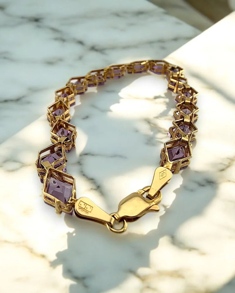 Vintage 14K Gold Amethyst Link Bracelet – 12 ct Step-Cut 1970s Tennis-Style - 14K Solid Gold - Free shipping - 5