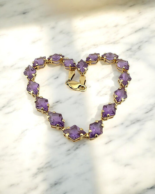 Vintage 14K Gold Amethyst Link Bracelet – 12 ct Step-Cut 1970s Tennis-Style - 14K Solid Gold - Free shipping - 1
