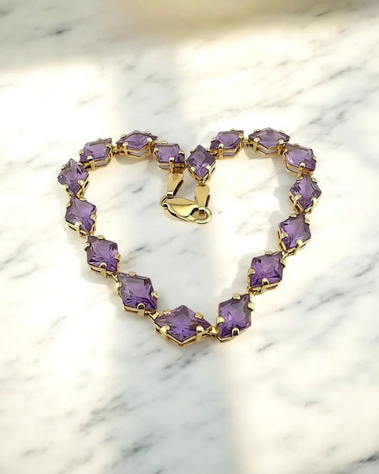 Vintage 14K Gold Amethyst Link Bracelet – 12 ct Step-Cut 1970s Tennis-Style - 14K Solid Gold - Free shipping - 1