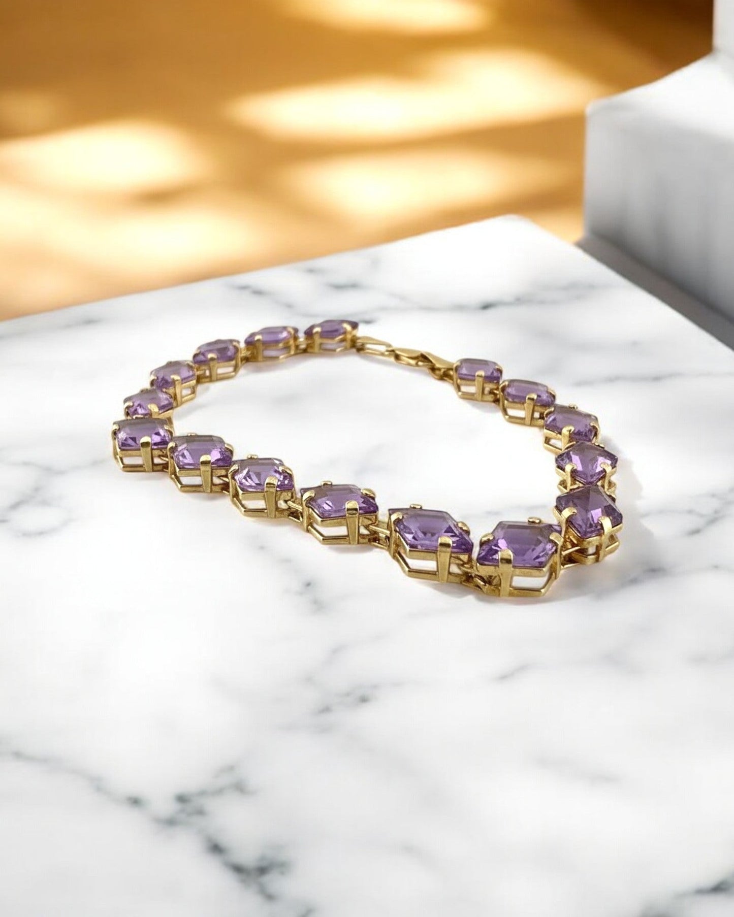 Vintage 14K Gold Amethyst Link Bracelet – 12 ct Step-Cut 1970s Tennis-Style - 14K Solid Gold - Free shipping - 3