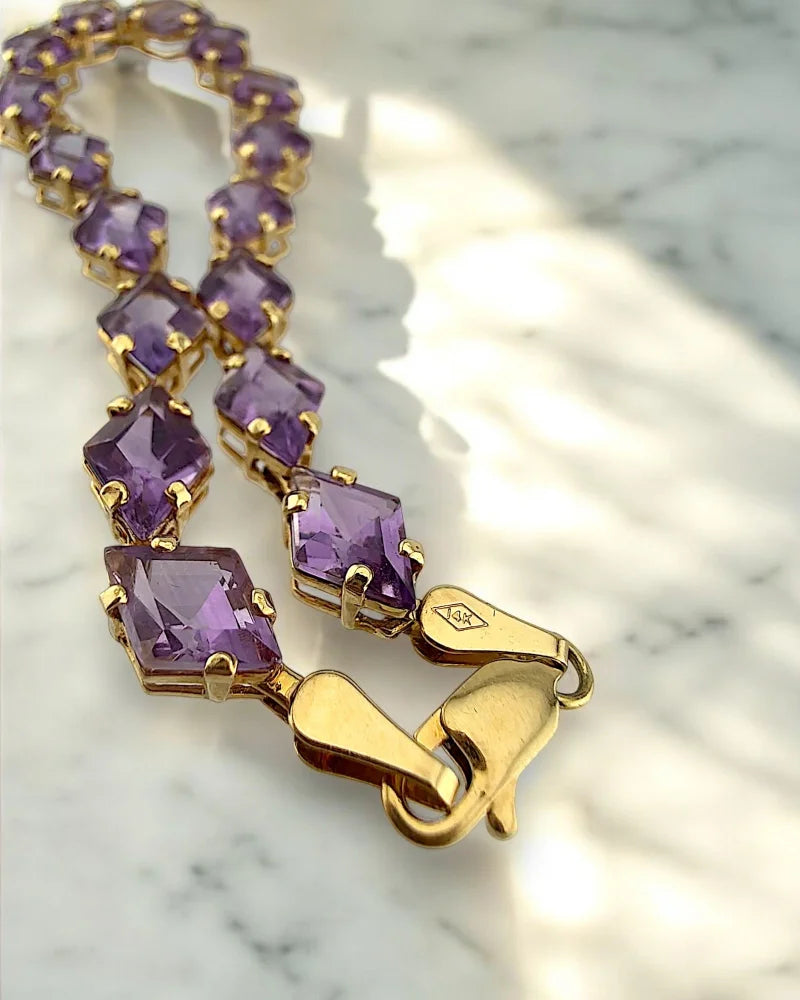 Vintage 14K Gold Amethyst Link Bracelet – 12 ct Step-Cut 1970s Tennis-Style - 14K Solid Gold - Free shipping - 4