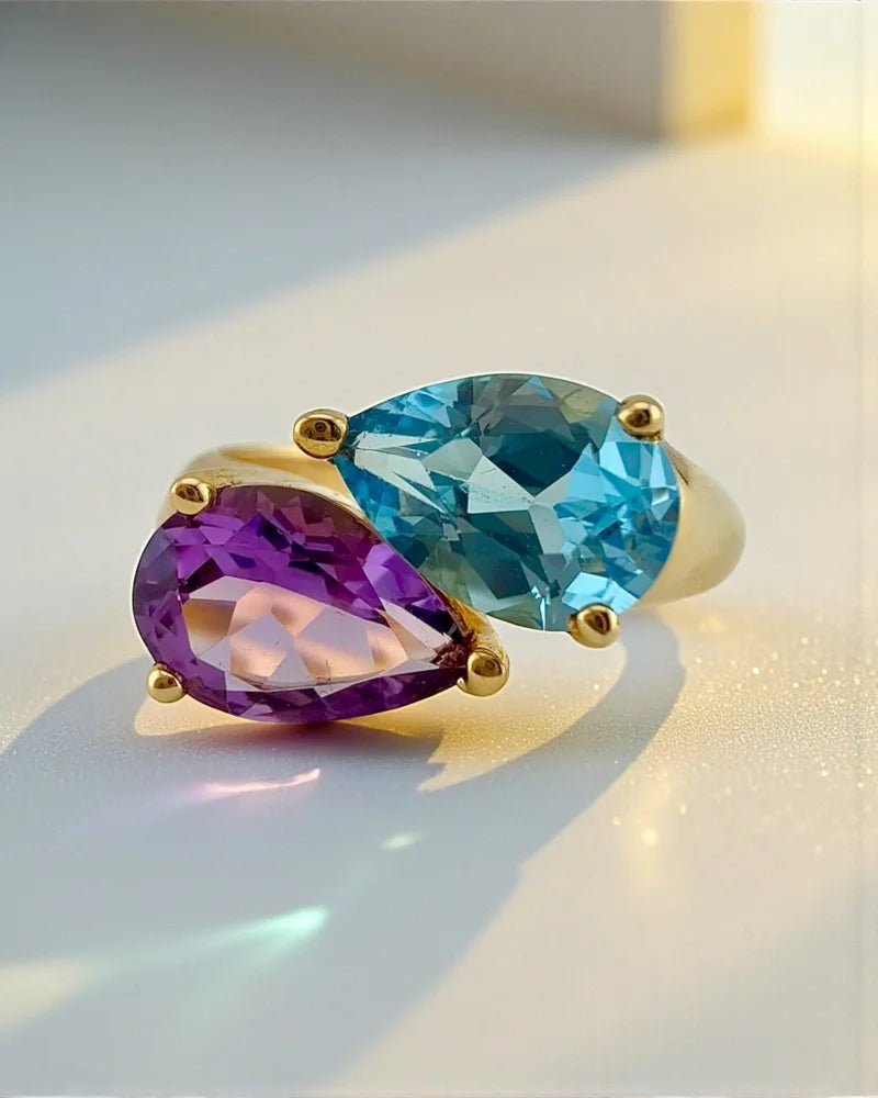 Vintage 14K Gold Amethyst & Swiss Blue Topaz Bypass Ring - 14K Solid Gold - Free shipping - 1