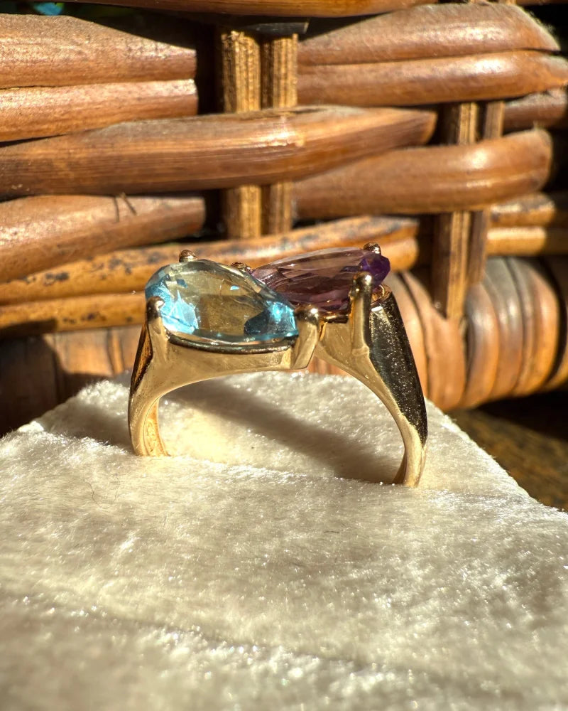 Vintage 14K Gold Amethyst & Swiss Blue Topaz Bypass Ring - 14K Solid Gold - Free shipping - 8