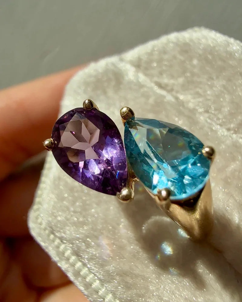 Vintage 14K Gold Amethyst & Swiss Blue Topaz Bypass Ring - 14K Solid Gold - Free shipping - 10
