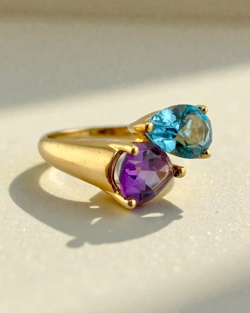 Vintage 14K Gold Amethyst & Swiss Blue Topaz Bypass Ring - 14K Solid Gold - Free shipping - 5
