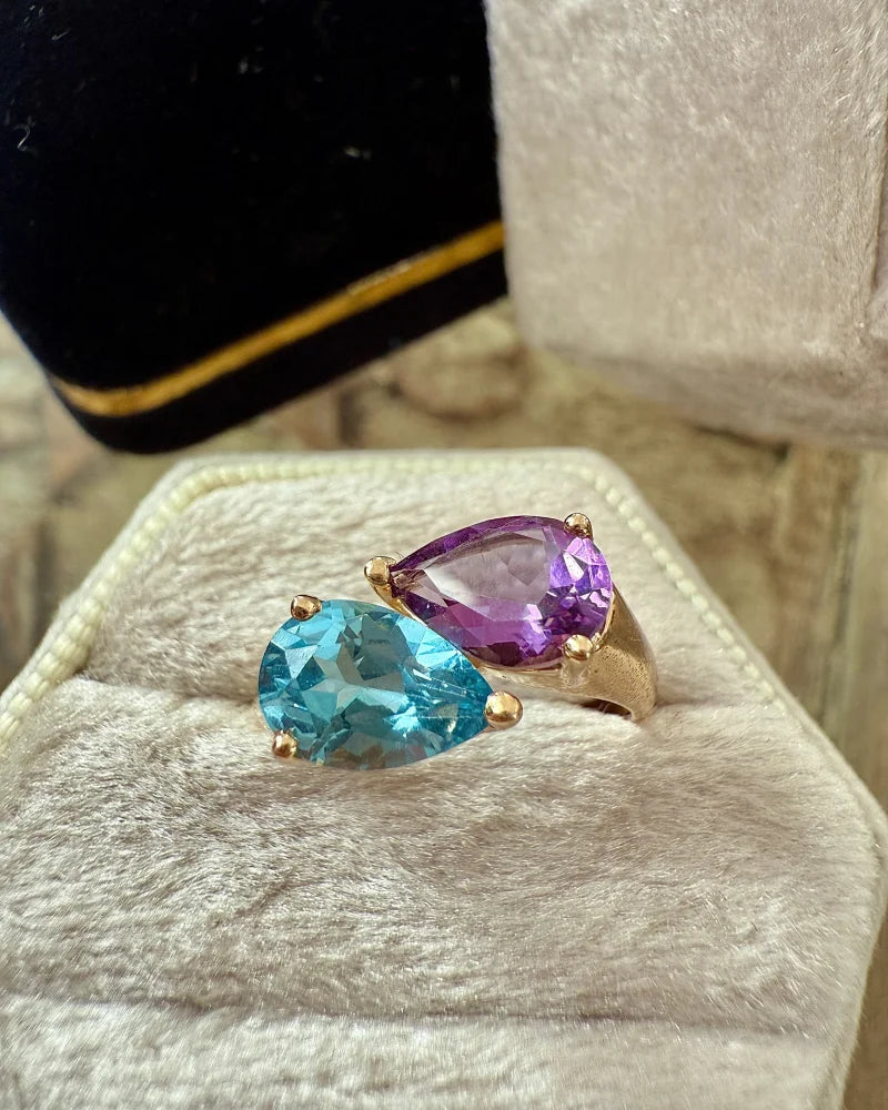 Vintage 14K Gold Amethyst & Swiss Blue Topaz Bypass Ring - 14K Solid Gold - Free shipping - 11