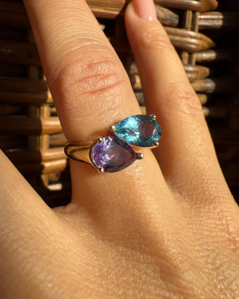 Vintage 14K Gold Amethyst & Swiss Blue Topaz Bypass Ring - 14K Solid Gold - Free shipping - 7