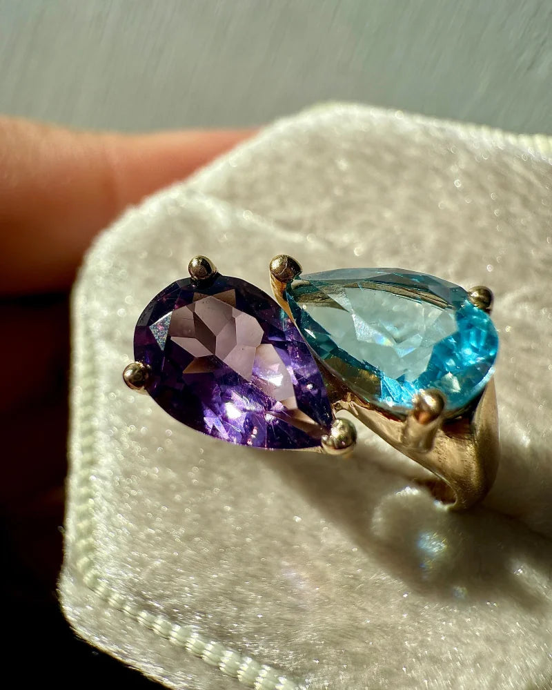 Vintage 14K Gold Amethyst & Swiss Blue Topaz Bypass Ring - 14K Solid Gold - Free shipping - 4