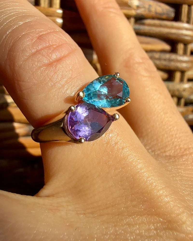 Vintage 14K Gold Amethyst & Swiss Blue Topaz Bypass Ring - 14K Solid Gold - Free shipping - 2
