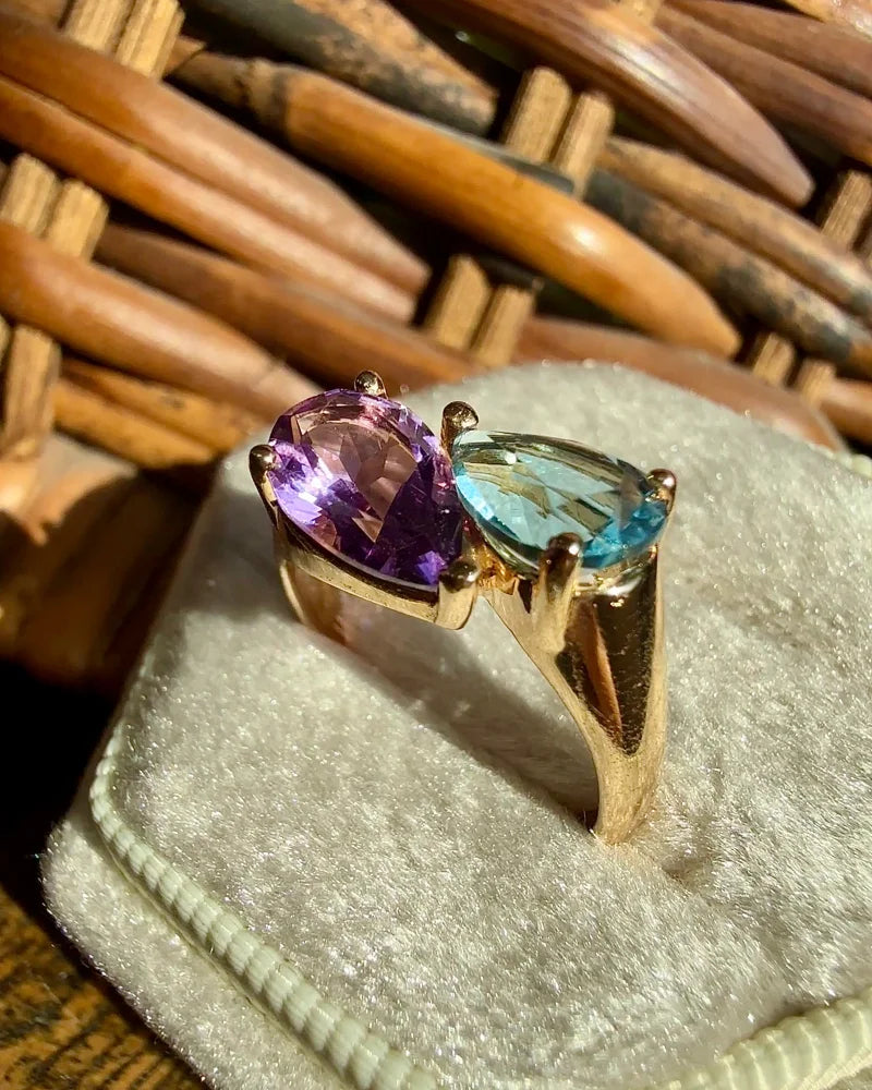 Vintage 14K Gold Amethyst & Swiss Blue Topaz Bypass Ring - 14K Solid Gold - Free shipping - 9