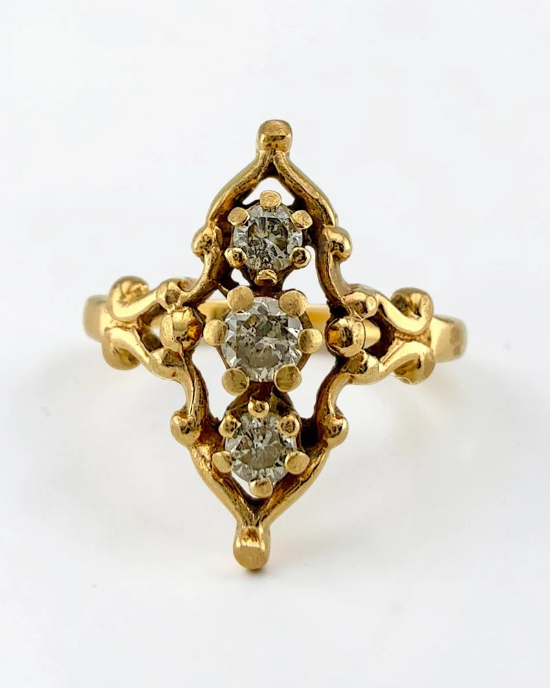 Vintage 14K Gold Diamond Navette Ring Victorian Revival - 14K Solid Gold - Free shipping - 1