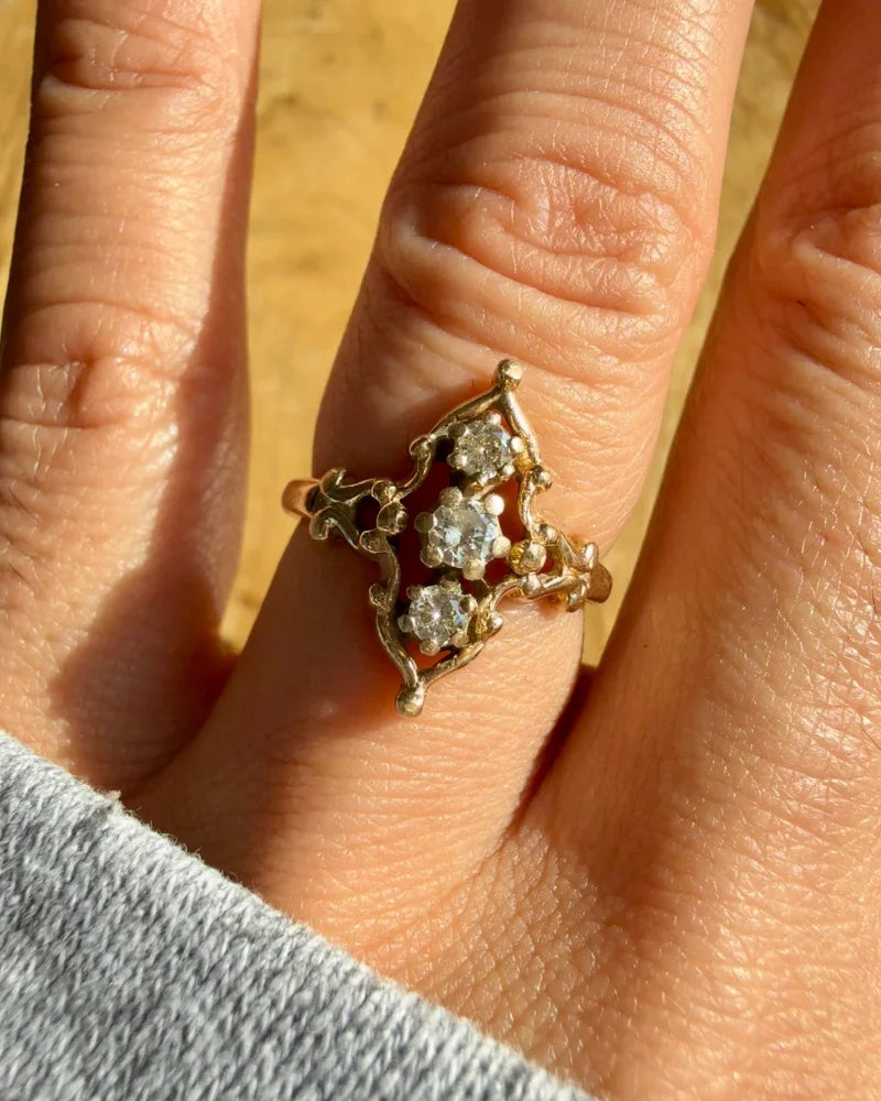 Vintage 14K Gold Diamond Navette Ring Victorian Revival - 14K Solid Gold - Free shipping - 2