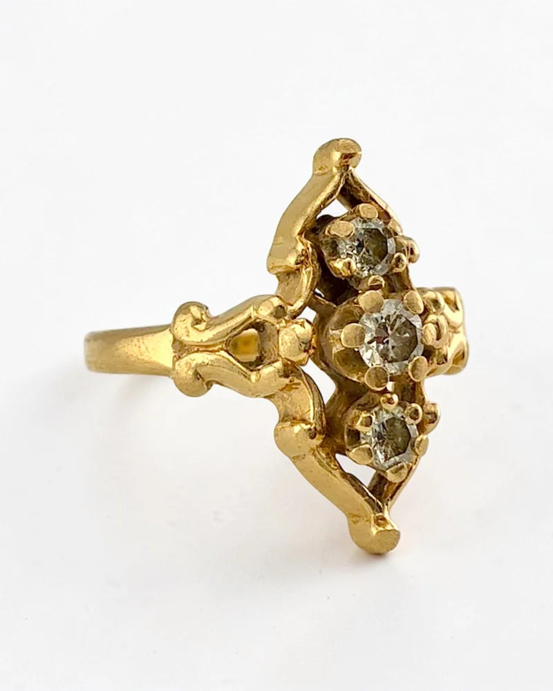 Vintage 14K Gold Diamond Navette Ring Victorian Revival - 14K Solid Gold - Free shipping - 5