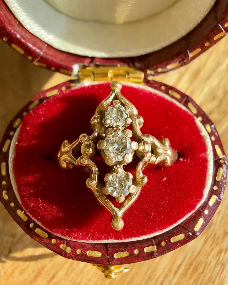Vintage 14K Gold Diamond Navette Ring Victorian Revival - 14K Solid Gold - Free shipping - 6