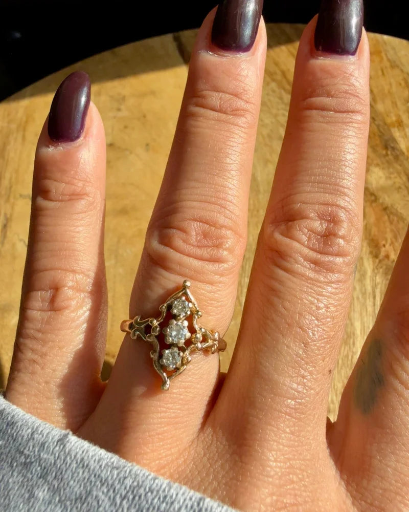 Vintage 14K Gold Diamond Navette Ring Victorian Revival - 14K Solid Gold - Free shipping - 4