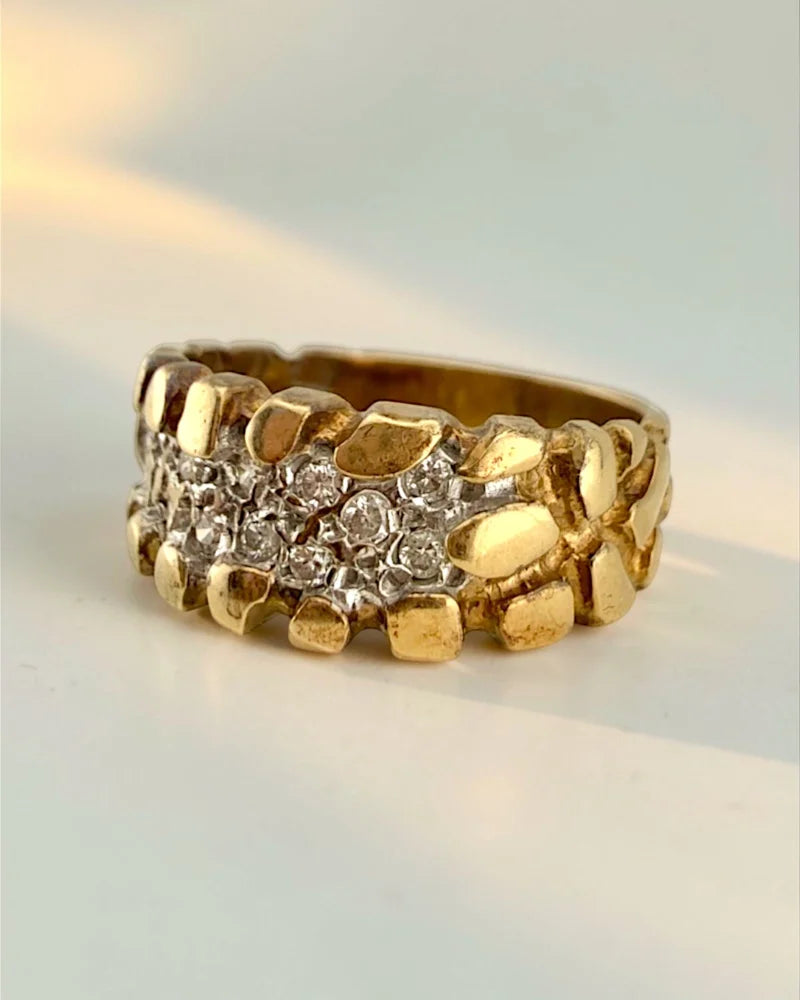 Vintage 14K Gold Diamond Reptile Texture Ring - 14K Solid Gold - Free shipping - 2