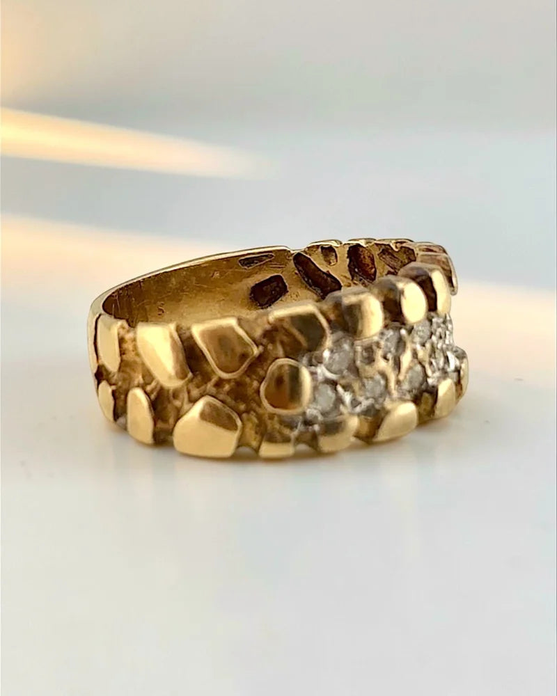 Vintage 14K Gold Diamond Reptile Texture Ring - 14K Solid Gold - Free shipping - 3