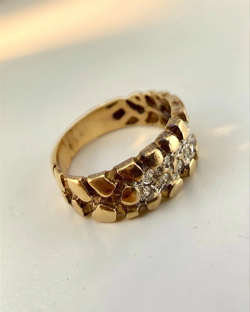 Vintage 14K Gold Diamond Reptile Texture Ring - 14K Solid Gold - Free shipping - 4