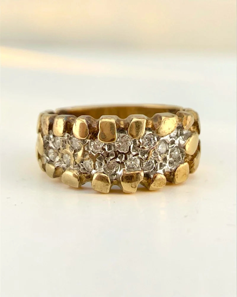 Vintage 14K Gold Diamond Reptile Texture Ring - 14K Solid Gold - Free shipping - 1