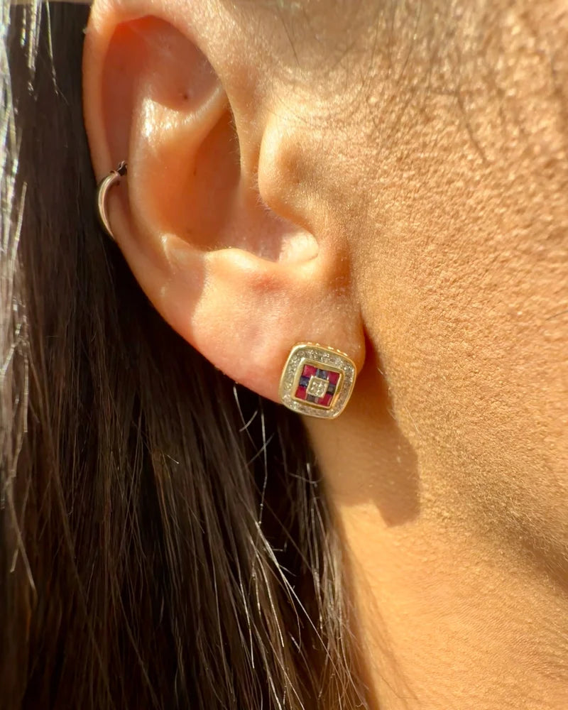Vintage 14K Gold Diamond Ruby and Sapphire Earrings - 14K Solid Gold - Free shipping - 2