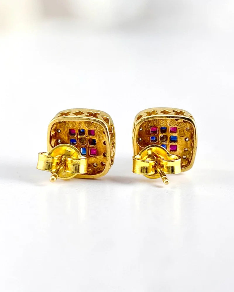 Vintage 14K Gold Diamond Ruby and Sapphire Earrings - 14K Solid Gold - Free shipping - 6