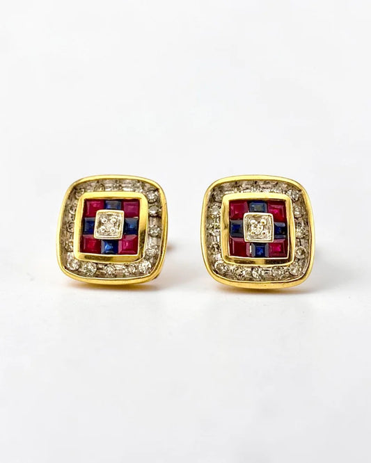 Vintage 14K Gold Diamond Ruby and Sapphire Earrings - 14K Solid Gold - Free shipping - 1