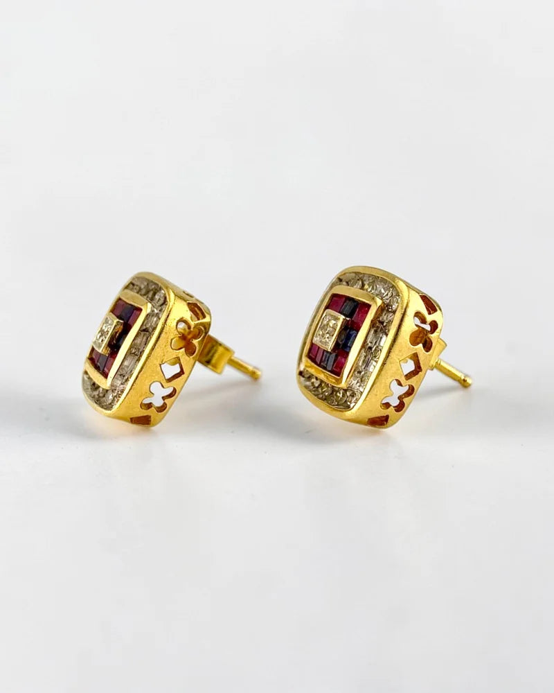 Vintage 14K Gold Diamond Ruby and Sapphire Earrings - 14K Solid Gold - Free shipping - 4
