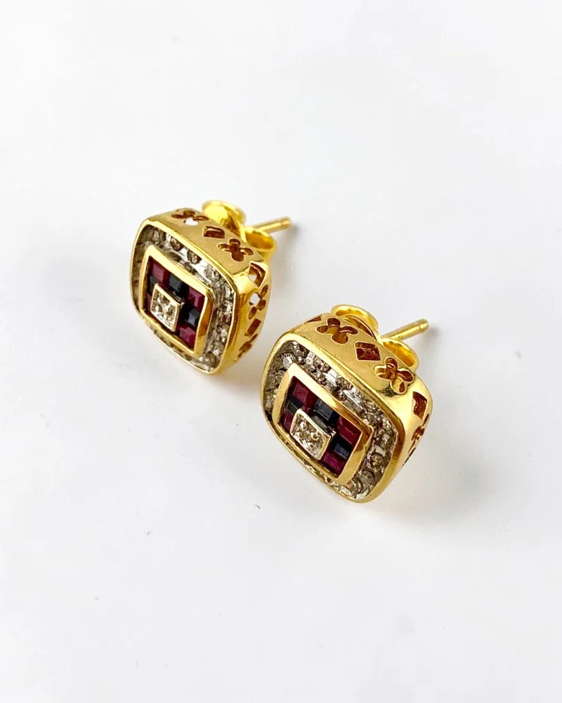 Vintage 14K Gold Diamond Ruby and Sapphire Earrings - 14K Solid Gold - Free shipping - 3
