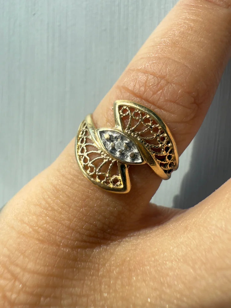 Vintage 14K Gold Filigree Diamond Ring - 14K Solid Gold - Free shipping - 4