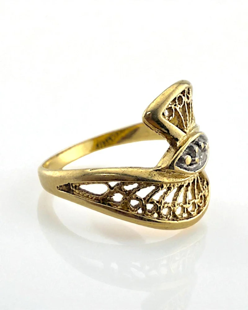 Vintage 14K Gold Filigree Diamond Ring - 14K Solid Gold - Free shipping - 2