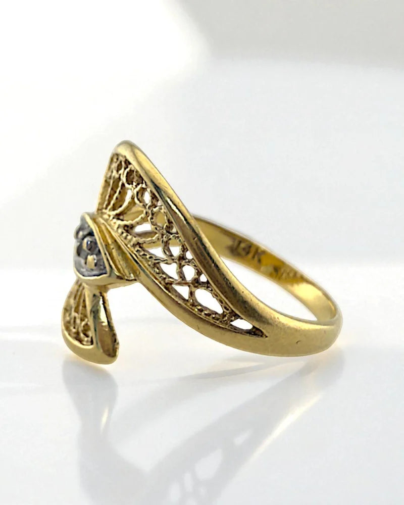 Vintage 14K Gold Filigree Diamond Ring - 14K Solid Gold - Free shipping - 3