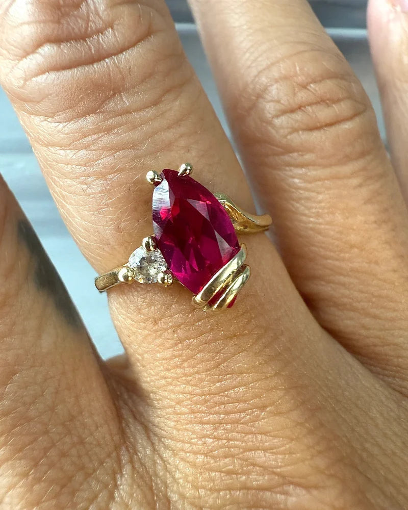 Vintage 14K Gold Marquise Ruby Ring - 14K Solid Gold - Free shipping - 6