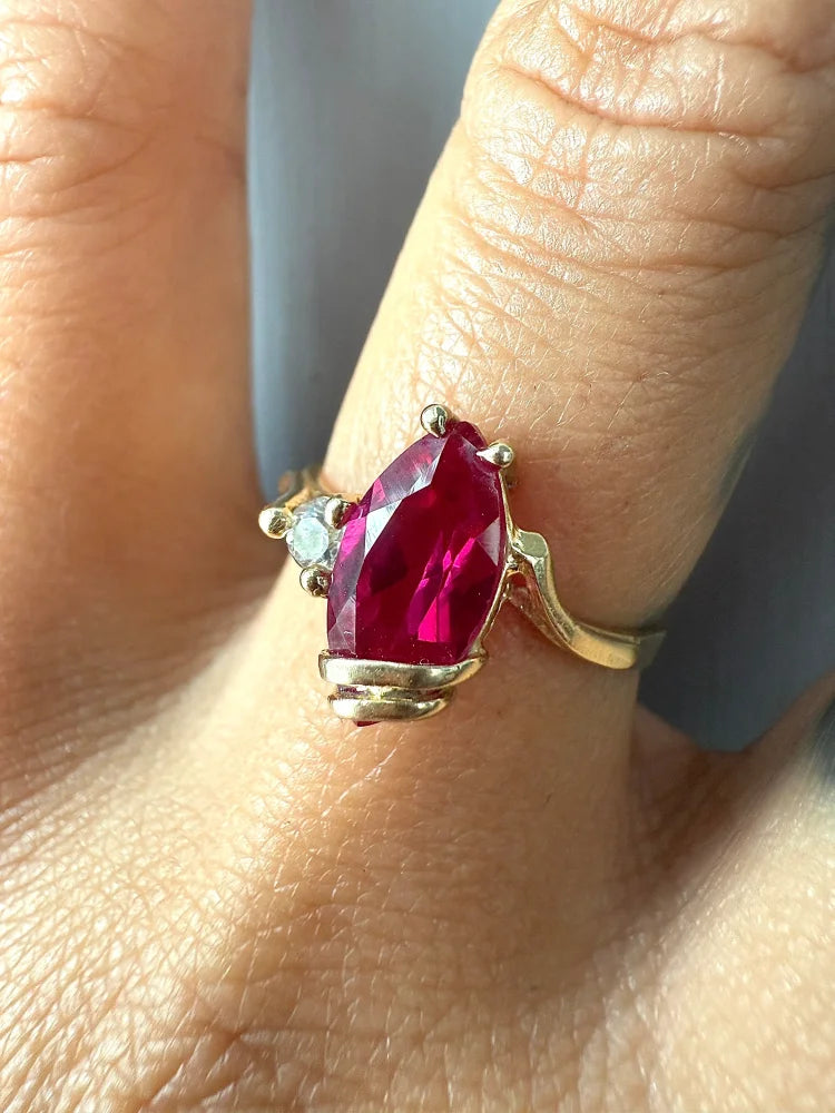 Vintage 14K Gold Marquise Ruby Ring - 14K Solid Gold - Free shipping - 2
