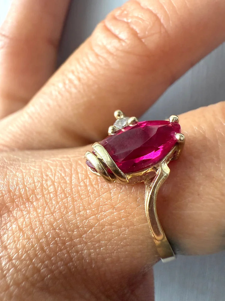 Vintage 14K Gold Marquise Ruby Ring - 14K Solid Gold - Free shipping - 4