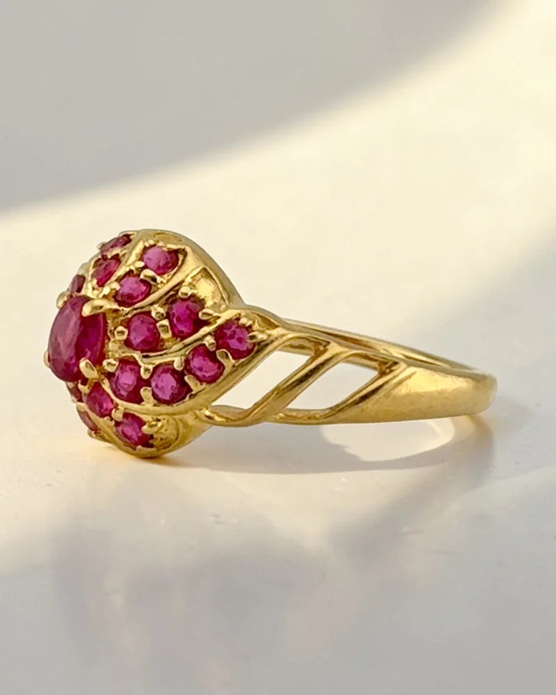 Vintage 14K Gold Natural 1 Ct Ruby Cluster Ring - 14K Solid Gold - Free shipping - 3