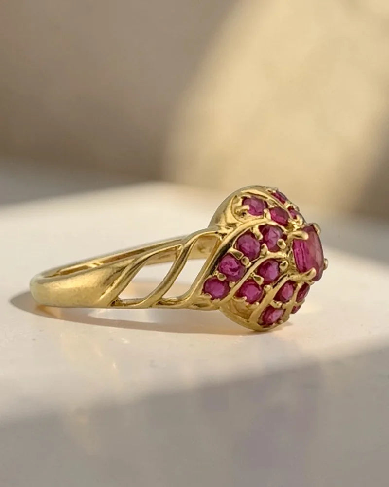 Vintage 14K Gold Natural 1 Ct Ruby Cluster Ring - 14K Solid Gold - Free shipping - 5