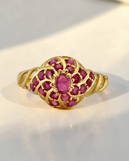 Vintage 14K Gold Natural 1 Ct Ruby Cluster Ring - 14K Solid Gold - Free shipping - 1